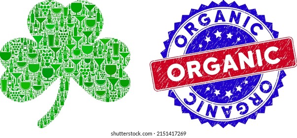 Vector clover leaf icon wine collage with grunge bicolor Organic stamp. Red and blue bicolored badge with grunge surface and Organic word. Clover leaf collage icon is created with wine cups,