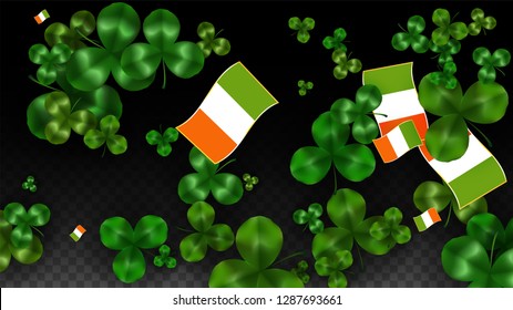 Vector Clover Leaf  and Ireland Flag Isolated on Transparent Background. St. Patrick's Day Illustration. Ireland's Lucky Shamrock Poster.  Flyer for Irish Concert in Pub. Tourism in Ireland.