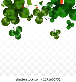 Vector Clover Leaf  and Ireland Flag Isolated on Transparent Background. St. Patrick's Day Illustration. Ireland's Lucky Shamrock Poster.  Cover for Irish Concert in Pub. Flatlay. 