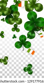 Vector Clover Leaf  and Ireland Flag Isolated on Transparent Background. St. Patrick's Day Illustration. Ireland's Lucky Shamrock Poster.  Card for Irish Party. Success Symbols.