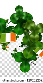 Vector Clover Leaf  and Ireland Flag Isolated on Transparent Background. St. Patrick's Day Illustration. Ireland's Lucky Shamrock Poster.  Banner for Irish Concert in Pub. Flatlay. 