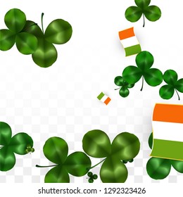 Vector Clover Leaf  and Ireland Flag Isolated on Transparent Background. St. Patrick's Day Illustration. Ireland's Lucky Shamrock Poster.  Banner for Irish Party. Success Symbols.