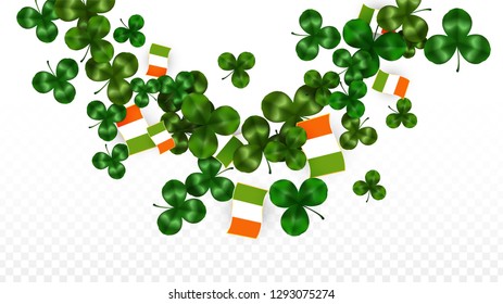 Vector Clover Leaf  and Ireland Flag Isolated on Transparent Background. St. Patrick's Day Illustration. Ireland's Lucky Shamrock Poster.  Flyer for Patrick's Party. Tourism in Ireland.