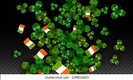 Vector Clover Leaf  and Ireland Flag Isolated on Transparent Background. St. Patrick's Day Illustration. Ireland's Lucky Shamrock Poster.  Poster for Irish Party. Flatlay. 