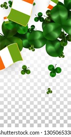 Vector Clover Leaf  and Ireland Flag Isolated on Transparent Background. St. Patrick's Day Illustration. Ireland's Lucky Shamrock Poster.  Cover for Patrick's Party. Tourism in Ireland.