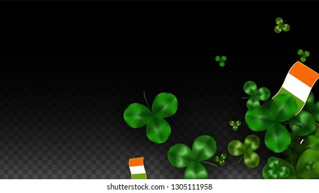 Vector Clover Leaf  and Ireland Flag Isolated on Transparent Background. St. Patrick's Day Illustration. Ireland's Lucky Shamrock Poster.  Card for Irish Party. Top View.