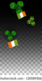 Vector Clover Leaf  and Ireland Flag Isolated on Transparent Background. St. Patrick's Day Illustration. Ireland's Lucky Shamrock Poster.  Banner for Irish Concert in Pub. Success Symbols.