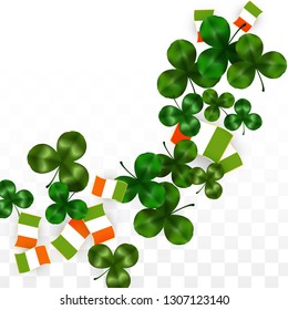 Vector Clover Leaf  and Ireland Flag Isolated on Transparent Background. St. Patrick's Day Illustration. Ireland's Lucky Shamrock Poster.  Banner for Patrick's Party. Flatlay. 
