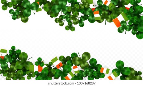 Vector Clover Leaf  and Ireland Flag Isolated on Transparent Background. St. Patrick's Day Illustration. Ireland's Lucky Shamrock Poster.  Flyer for Irish Party. Tourism in Ireland.