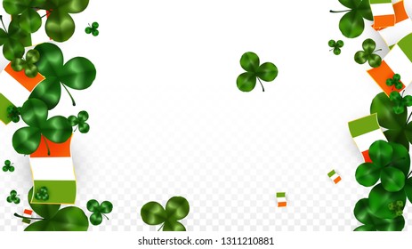 Vector Clover Leaf  and Ireland Flag Isolated on Transparent Background. St. Patrick's Day Illustration. Ireland's Lucky Shamrock Poster.  Flyer for Irish Party. Top View.