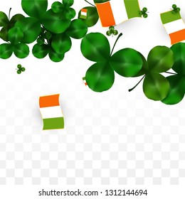 Vector Clover Leaf  and Ireland Flag Isolated on Transparent Background. St. Patrick's Day Illustration. Ireland's Lucky Shamrock Poster.  Cover for Patrick's Party. Success Symbols.