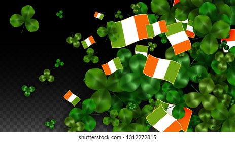 Vector Clover Leaf  and Ireland Flag Isolated on Transparent Background. St. Patrick's Day Illustration. Ireland's Lucky Shamrock Poster.  Poster for Irish Concert in Pub. Flatlay. 