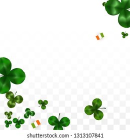 Vector Clover Leaf  and Ireland Flag Isolated on Transparent Background. St. Patrick's Day Illustration. Ireland's Lucky Shamrock Poster.  Flyer for Patrick's Party. Flatlay. 