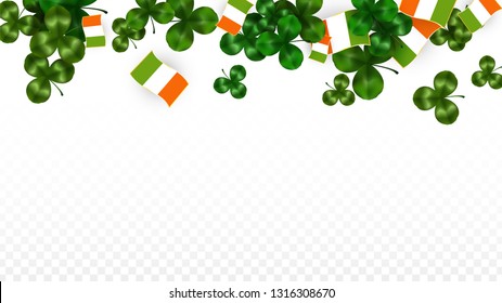 Vector Clover Leaf  and Ireland Flag Isolated on Transparent Background. St. Patrick's Day Illustration. Ireland's Lucky Shamrock Poster.  Cover for Irish Party. Success Symbols.