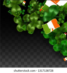 Vector Clover Leaf  and Ireland Flag Isolated on Transparent Background. St. Patrick's Day Illustration. Ireland's Lucky Shamrock Poster.  Card for Patrick's Party. Top View.