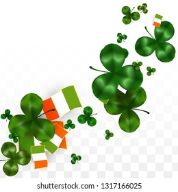Vector Clover Leaf  and Ireland Flag Isolated on Transparent Background. St. Patrick's Day Illustration. Ireland's Lucky Shamrock Poster.  Card for Irish Concert in Pub. Tourism in Ireland.
