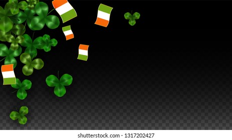 Vector Clover Leaf  and Ireland Flag Isolated on Transparent Background. St. Patrick's Day Illustration. Ireland's Lucky Shamrock Poster.  Cover for Patrick's Party. Flatlay. 