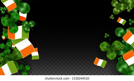 Vector Clover Leaf  and Ireland Flag Isolated on Transparent Background. St. Patrick's Day Illustration. Ireland's Lucky Shamrock Poster.  Cover for Patrick's Party. Success Symbols.