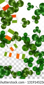 Vector Clover Leaf  and Ireland Flag Isolated on Transparent Background. St. Patrick's Day Illustration. Ireland's Lucky Shamrock Poster.  Invitation for Irish Concert in Pub. Success Symbols.