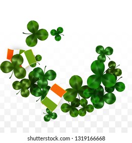 Vector Clover Leaf  and Ireland Flag Isolated on Transparent Background. St. Patrick's Day Illustration. Ireland's Lucky Shamrock Poster.  Banner for Patrick's Party. Tourism in Ireland.