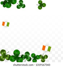 Vector Clover Leaf  and Ireland Flag Isolated on Transparent Background. St. Patrick's Day Illustration. Ireland's Lucky Shamrock Poster.  Cover for Patrick's Party. Success Symbols.