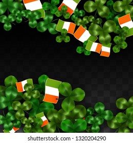 Vector Clover Leaf  and Ireland Flag Isolated on Transparent Background. St. Patrick's Day Illustration. Ireland's Lucky Shamrock Poster.  Cover for Irish Party. Success Symbols.