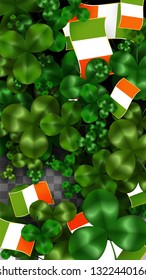 Vector Clover Leaf  and Ireland Flag Isolated on Transparent Background. St. Patrick's Day Illustration. Ireland's Lucky Shamrock Poster.  Flyer for Irish Party. Flatlay. 