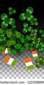 Vector Clover Leaf  and Ireland Flag Isolated on Transparent Background. St. Patrick's Day Illustration. Ireland's Lucky Shamrock Poster.  Banner for Irish Party. Success Symbols.
