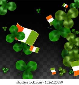 Vector Clover Leaf  and Ireland Flag Isolated on Transparent Background. St. Patrick's Day Illustration.  