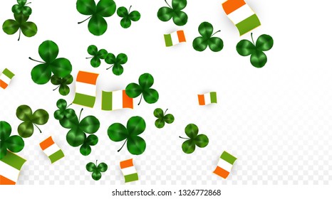 Vector Clover Leaf  and Ireland Flag Isolated on Transparent Background. St. Patrick's Day Illustration. Ireland's Lucky Shamrock Poster.  Poster for Irish Concert in Pub. Tourism in Ireland.