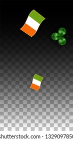 Vector Clover Leaf  and Ireland Flag Isolated on Transparent Background. St. Patrick's Day Illustration. Ireland's Lucky Shamrock Poster.  Flyer for Patrick's Party. Flatlay. 