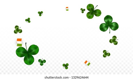 Vector Clover Leaf  and Ireland Flag Isolated on Transparent Background. St. Patrick's Day Illustration. Ireland's Lucky Shamrock Poster.  Flyer for Patrick's Party. Success Symbols.