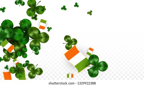Vector Clover Leaf  and Ireland Flag Isolated on Transparent Background. St. Patrick's Day Illustration. Ireland's Lucky Shamrock Poster.  Banner for Irish Party. Top View.