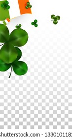 Vector Clover Leaf  and Ireland Flag Isolated on Transparent Background. St. Patrick's Day Illustration. Ireland's Lucky Shamrock Poster.  Card for Irish Party. Top View.