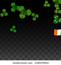 Vector Clover Leaf  and Ireland Flag Isolated on Transparent Background. St. Patrick's Day Illustration. Ireland's Lucky Shamrock Poster.  Invitation for Irish Party. Flatlay. 