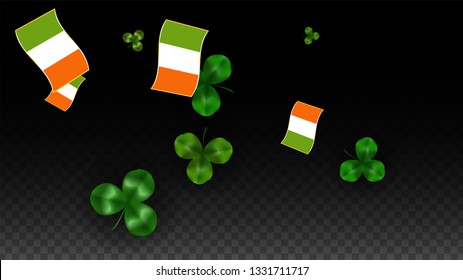 Vector Clover Leaf  and Ireland Flag Isolated on Transparent Background. St. Patrick's Day Illustration. Ireland's Lucky Shamrock Poster.  Banner for Irish Concert in Pub. Success Symbols.