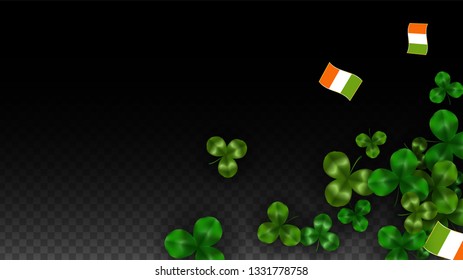 Vector Clover Leaf  and Ireland Flag Isolated on Transparent Background. St. Patrick's Day Illustration. Ireland's Lucky Shamrock Poster.  Poster for Irish Concert in Pub. Top View.