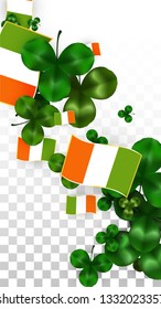 Vector Clover Leaf  and Ireland Flag Isolated on Transparent Background. St. Patrick's Day Illustration. Ireland's Lucky Shamrock Poster.  Banner for Irish Concert in Pub. Success Symbols.