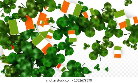 Vector Clover Leaf  and Ireland Flag Isolated on Transparent Background. St. Patrick's Day Illustration. Ireland's Lucky Shamrock Poster.  Banner for Irish Party. Success Symbols.