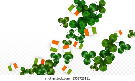 Vector Clover Leaf  and Ireland Flag Isolated on Transparent Background. St. Patrick's Day Illustration. Ireland's Lucky Shamrock Poster.  Cover for Irish Concert in Pub. Tourism in Ireland.