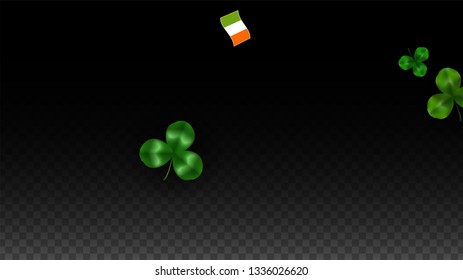 Vector Clover Leaf  and Ireland Flag Isolated on Transparent Background. St. Patrick's Day Illustration. Ireland's Lucky Shamrock Poster.  Banner for Irish Party. Flatlay. 