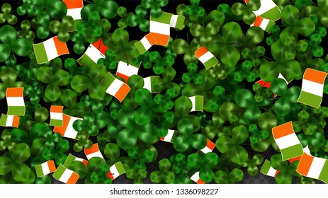 Vector Clover Leaf  and Ireland Flag Isolated on Transparent Background. St. Patrick's Day Illustration. Ireland's Lucky Shamrock Poster.  Banner for Irish Concert in Pub. Flatlay. 