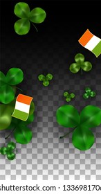 Vector Clover Leaf  and Ireland Flag Isolated on Transparent Background. St. Patrick's Day Illustration. Ireland's Lucky Shamrock Poster.  Banner for Irish Concert in Pub. Flatlay. 