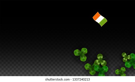 Vector Clover Leaf  and Ireland Flag Isolated on Transparent Background. St. Patrick's Day Illustration. Ireland's Lucky Shamrock Poster.  Flyer for Irish Party. Success Symbols.