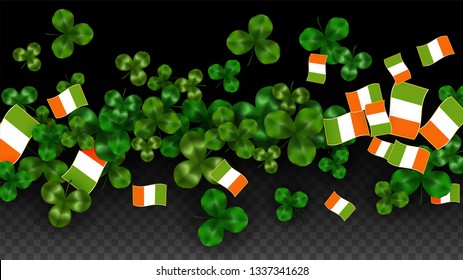 Vector Clover Leaf  and Ireland Flag Isolated on Transparent Background. St. Patrick's Day Illustration. Ireland's Lucky Shamrock Poster.  Card for Irish Concert in Pub. Flatlay. 