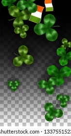Vector Clover Leaf  and Ireland Flag Isolated on Transparent Background. St. Patrick's Day Illustration. Ireland's Lucky Shamrock Poster.  Poster for Patrick's Party. Success Symbols.