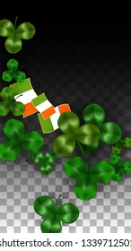 Vector Clover Leaf  and Ireland Flag Isolated on Transparent Background. St. Patrick's Day Illustration. Ireland's Lucky Shamrock Poster.  Poster for Patrick's Party. Tourism in Ireland.