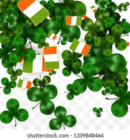 Vector Clover Leaf  and Ireland Flag Isolated on Transparent Background. St. Patrick's Day Illustration. Ireland's Lucky Shamrock Poster.  Invitation for Irish Concert in Pub. Flatlay. 