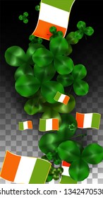 Vector Clover Leaf  and Ireland Flag Isolated on Transparent Background. St. Patrick's Day Illustration. Ireland's Lucky Shamrock Poster.  Cover for Irish Party. Tourism in Ireland.