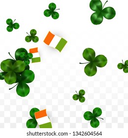 Vector Clover Leaf  and Ireland Flag Isolated on Transparent Background. St. Patrick's Day Illustration. Ireland's Lucky Shamrock Poster.  Cover for Irish Concert in Pub. Success Symbols.